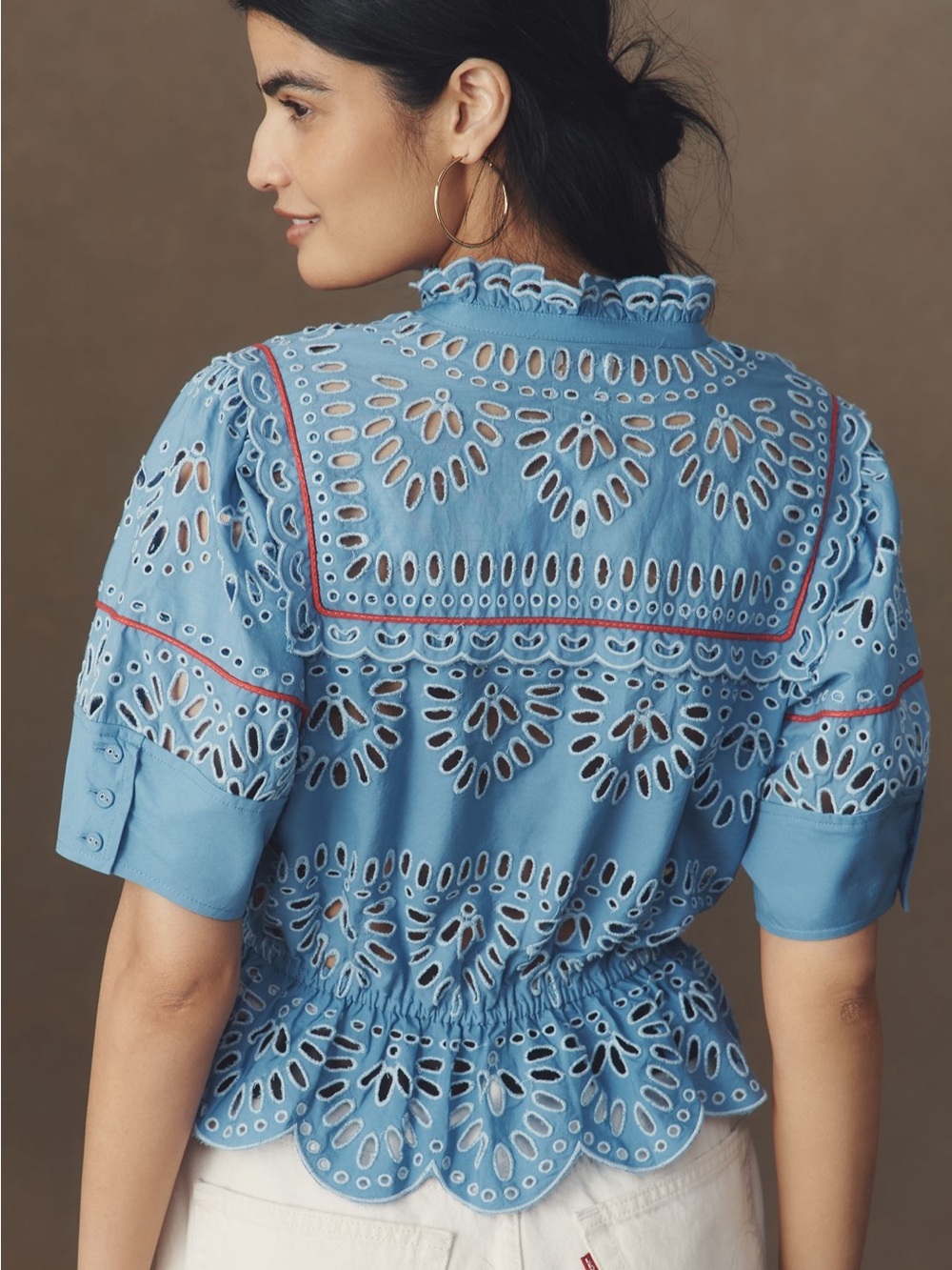 Anthropologie Coastal Scalloped Peplum Eyelet Blouse NWT Medium Blue - Picture 4 of 11